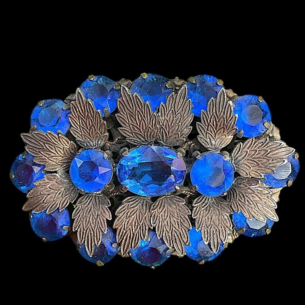 Vintage Czech Blue Rhinestone Filigree Crystal Brooch Pin